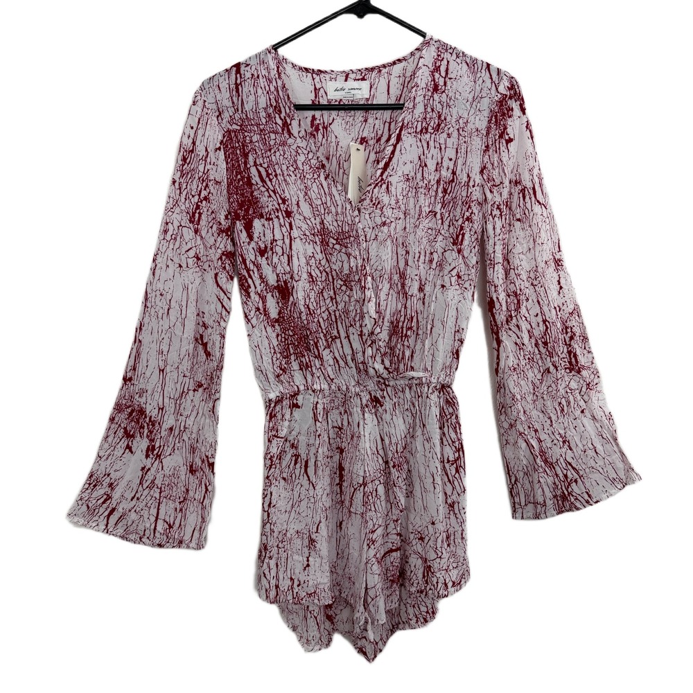 Betro Simone Romper Womens XS White Red Marble Print Bell Sleeve V-Neck NWT